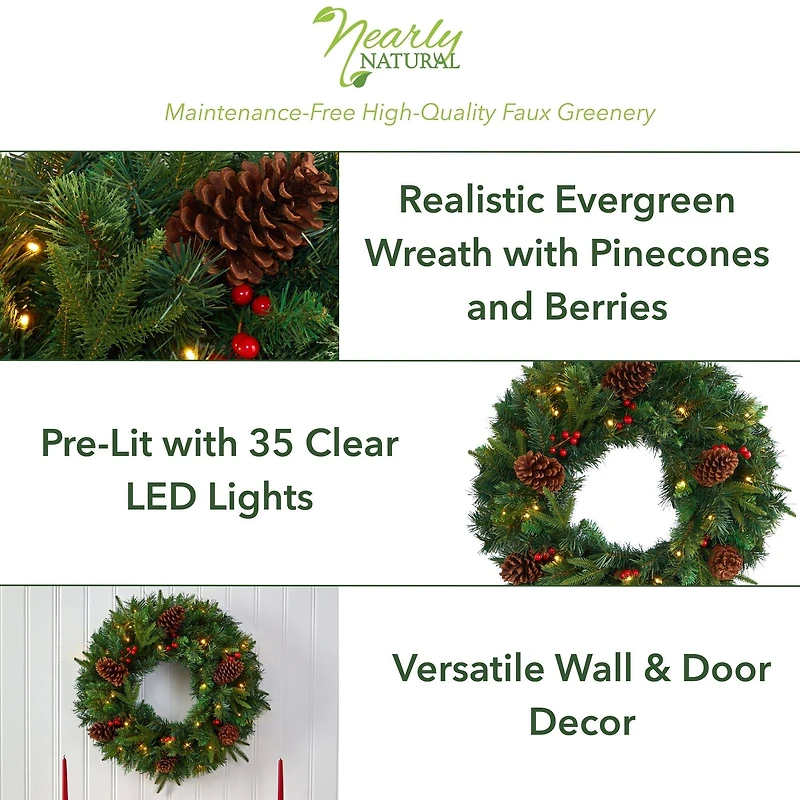 24" Clear LED Mixed Pine & Berries Christmas Wreath