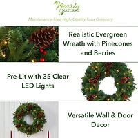 24" Clear LED Mixed Pine & Berries Christmas Wreath
