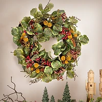 Hello Honey® 24" Green & Red Faux Zanzibar Leaf Wreath with Berries