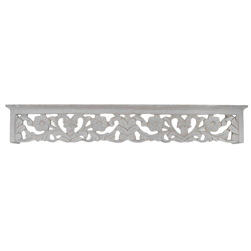 30" Gray Hand-Carved Medallion Floating Wall Shelf