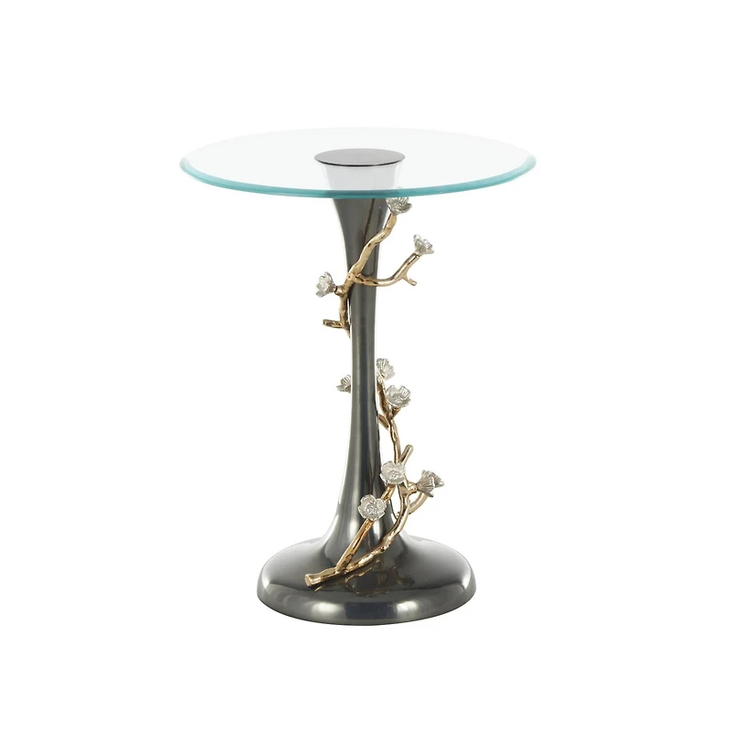 22.75" Black Aluminum Floral Twisted Vine Accent Table with Gold & Silver Accents & Glass Tabletop