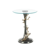 22.75" Black Aluminum Floral Twisted Vine Accent Table with Gold & Silver Accents & Glass Tabletop