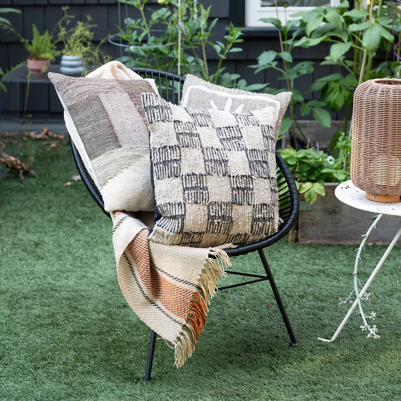 Hello Honey® 20" x 20" Brown & Tan Checkered Indoor & Outdoor Hand-Woven Fabric Pillow