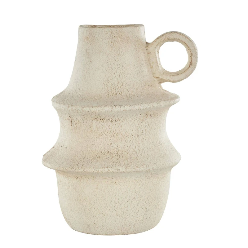 15.25" Cream Textured Paper Mache Fluted Vase with Ring Handle