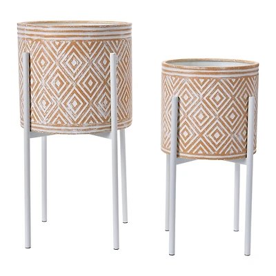Hello Honey® White & Terracotta Boho Embossed Metal Planters with Stands Set