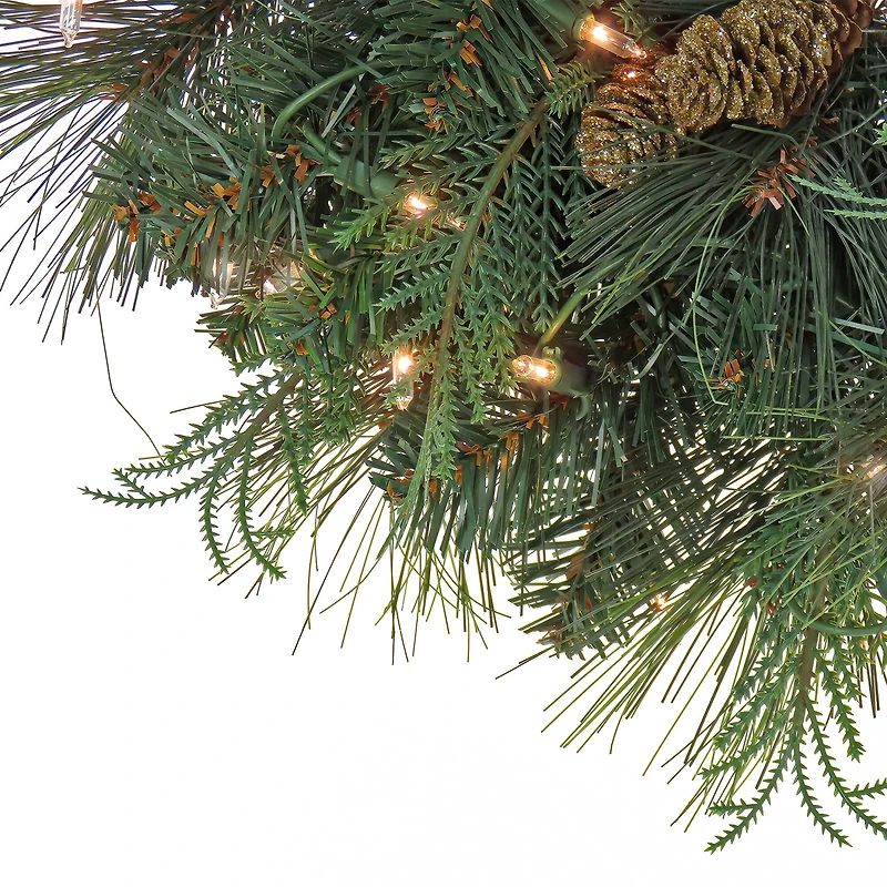 First Traditions™ 30'' Pre-Lit Artificial North Conway Wreath with Glittery Cones and Eucalyptus