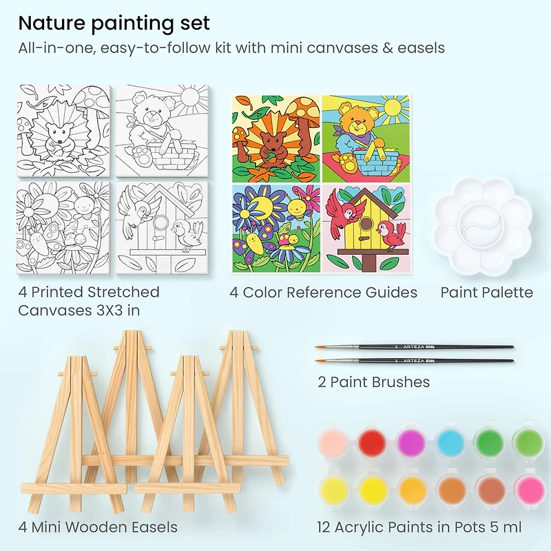 Arteza® Kids Canvas Paint Kit, 4 Mini Canvas- 3 x 3 with Easel, Nature