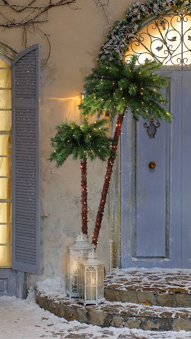 3.5ft. & 6ft. Double Trunk Pre-Lit Artificial Palm Tree, Clear Lights