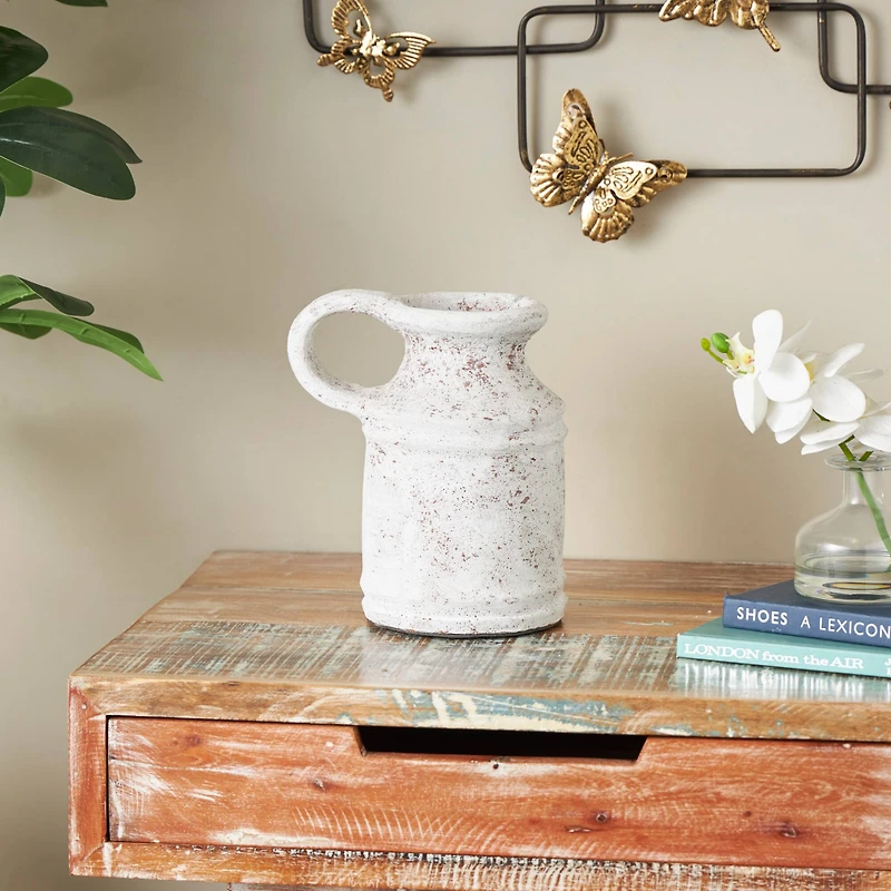 10" White Ceramic Antique Style Textured Vase with Terracotta Accents and Ring Handle
