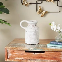 10" White Ceramic Antique Style Textured Vase with Terracotta Accents and Ring Handle