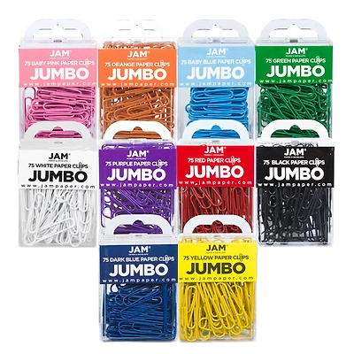 JAM Paper 2" Assorted Color Jumbo Paper Clips, 10 Packs of 75