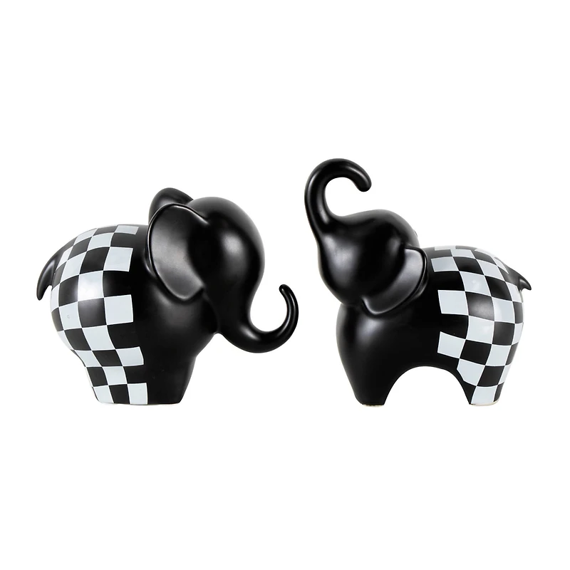 Black Checker Print Elephant Sculpture Set