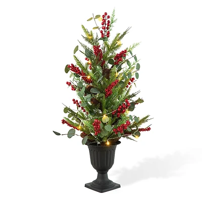 3ft. Pre-Lit Pine Needle & Eucalyptus Leaf Artificial Urn Christmas Porch Tree, Warm White LED Lights