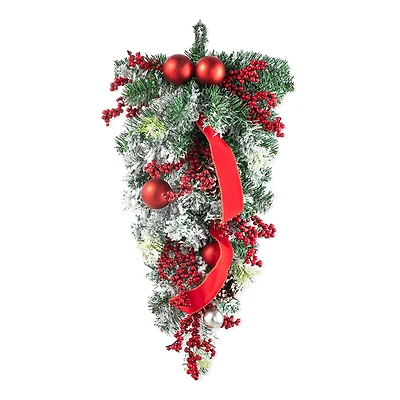 Glitzhome® 25" Flocked Berry, Ornament & Pinecone Ribbon Teardrop