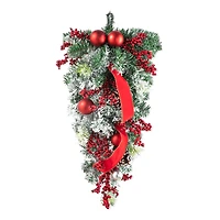 Glitzhome® 25" Flocked Berry, Ornament & Pinecone Ribbon Teardrop