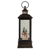 11" Black with Brushed Gold LED Snowman Family Christmas Lantern Snow Globe