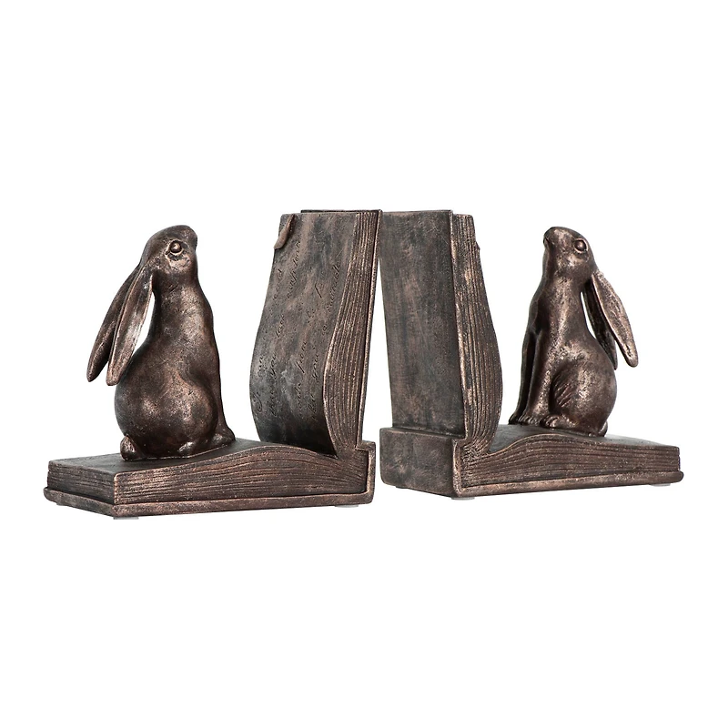 Hello Honey® Rustic Bronze Rabbit on Book Bookends Set
