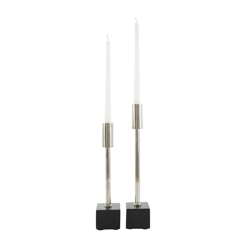 Silver Aluminum Slim Candle Holder with Black Block Base Set