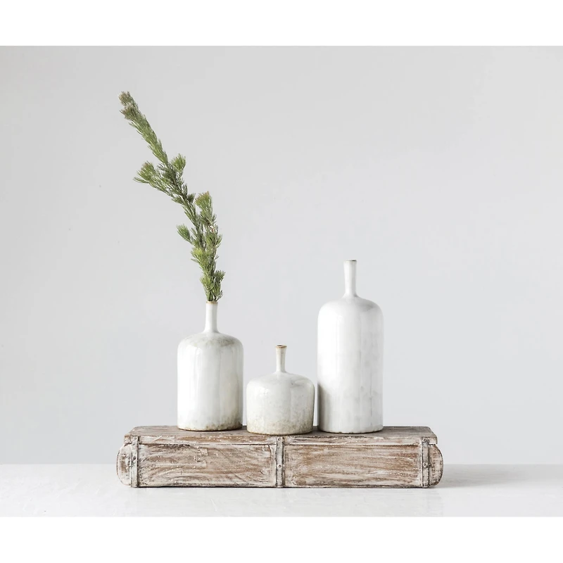 Hello Honey® 12.5" Large Cream Stoneware Vase with Green Accents & Reactive Glaze Finish