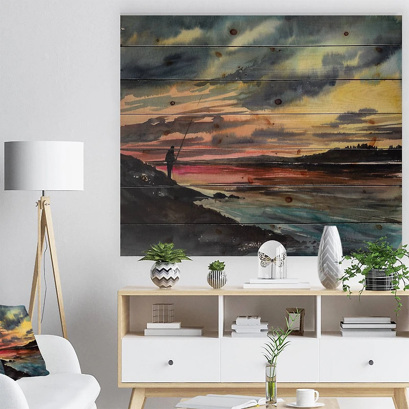 Designart - Fishing Man over Sunset Sky