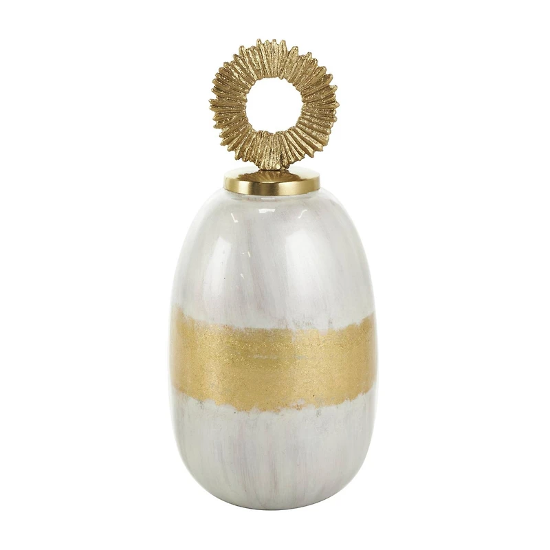 White Metal Abstract Brushed Decorative Jar Set with Gold Detailing & Ring Handles