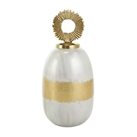 White Metal Abstract Brushed Decorative Jar Set with Gold Detailing & Ring Handles