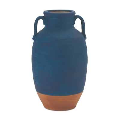 10.5" Navy Ceramic Urn Vase with Terra Cotta Accent