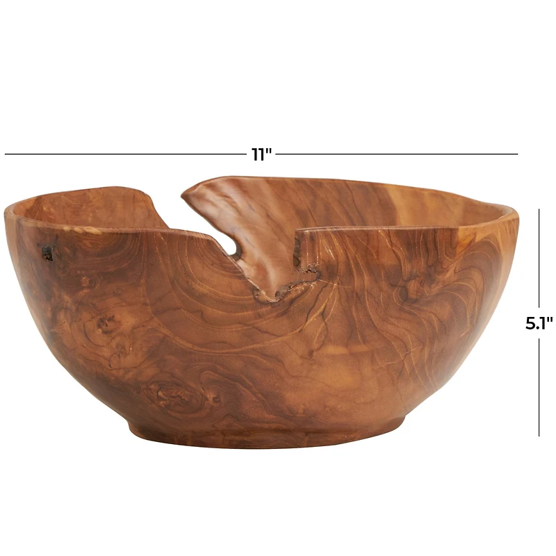 11" Brown Teak Wood Decorative Bowl with Natural Grooves