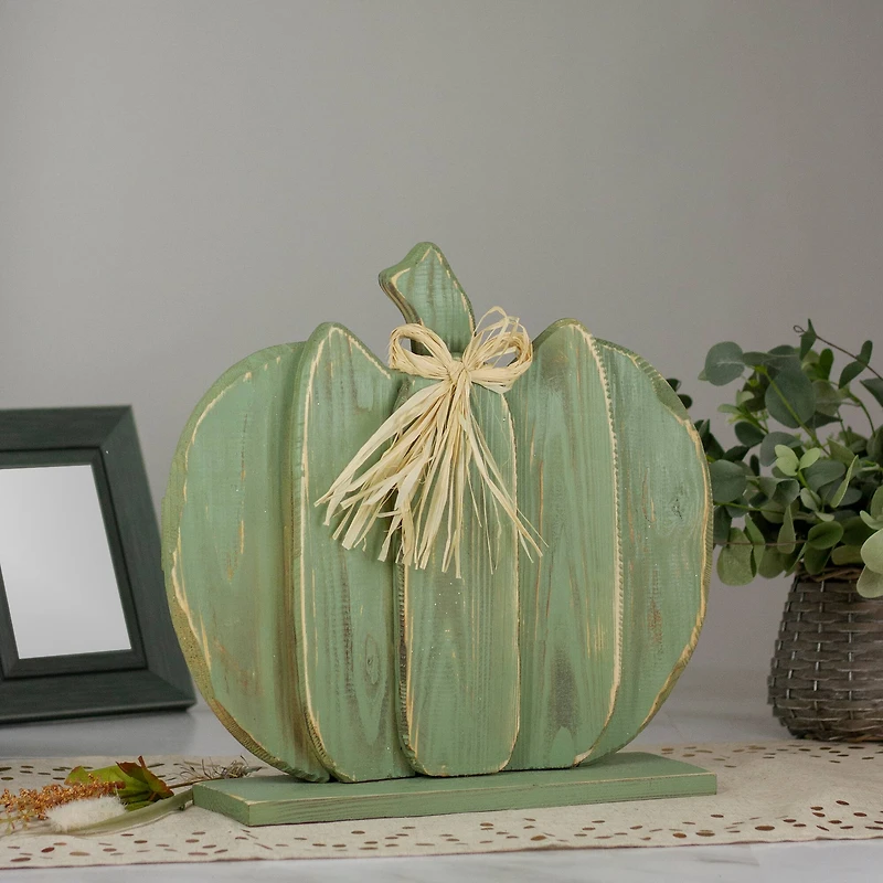 14" Green Slatted Halloween Tabletop Pumpkin with Bow