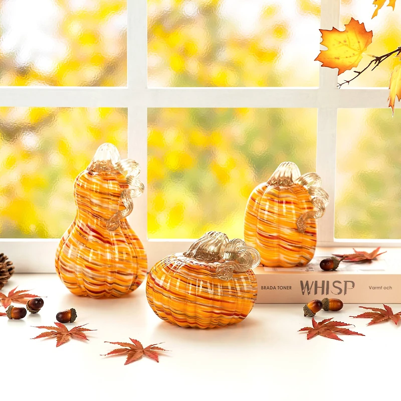 Glitzhome® Multi Stripes Glass Pumpkin & Gourd Set