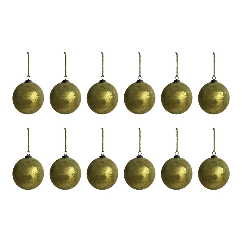 Hello Honey® 12 Pack 4" Matte Olive Green & Gold Distressed Glass Ball Ornaments