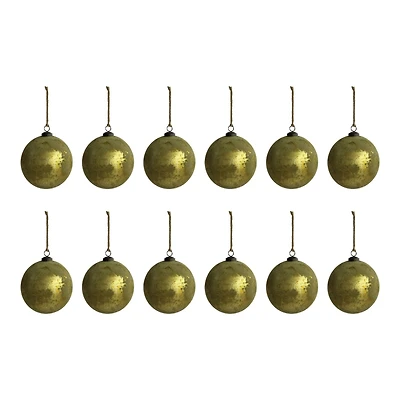 Hello Honey® 12 Pack 4" Matte Olive Green & Gold Distressed Glass Ball Ornaments