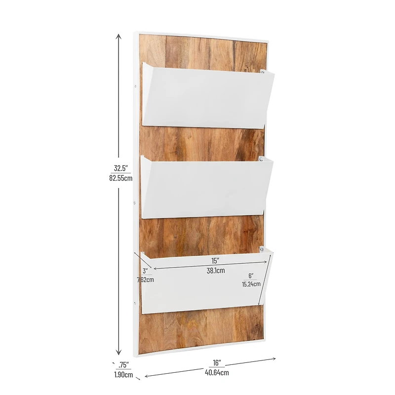 Mind Reader 3-Tier Wall-Mounted File Organizer, Wood and Metal Vertical Rack for Mail, Magazines, and Documents, Metal, Wood, White