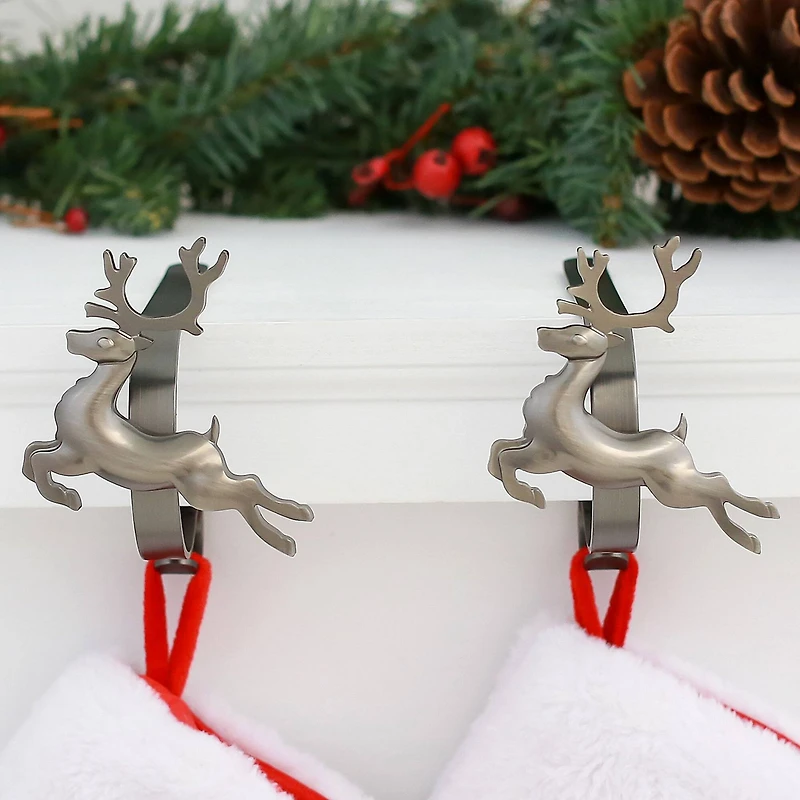 Original MantleClip® Pewter Reindeer Icons Stocking Holders, 2ct.