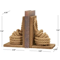 7" Brown Wood Knot Rope Bookends with Distressed L-Shaped Stands Set