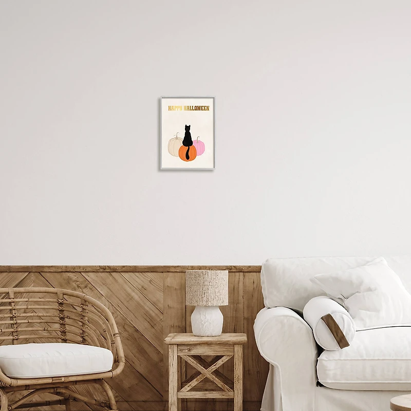 Stupell Industries Happy Halloween Black Cat Pumpkins Framed Giclee Art