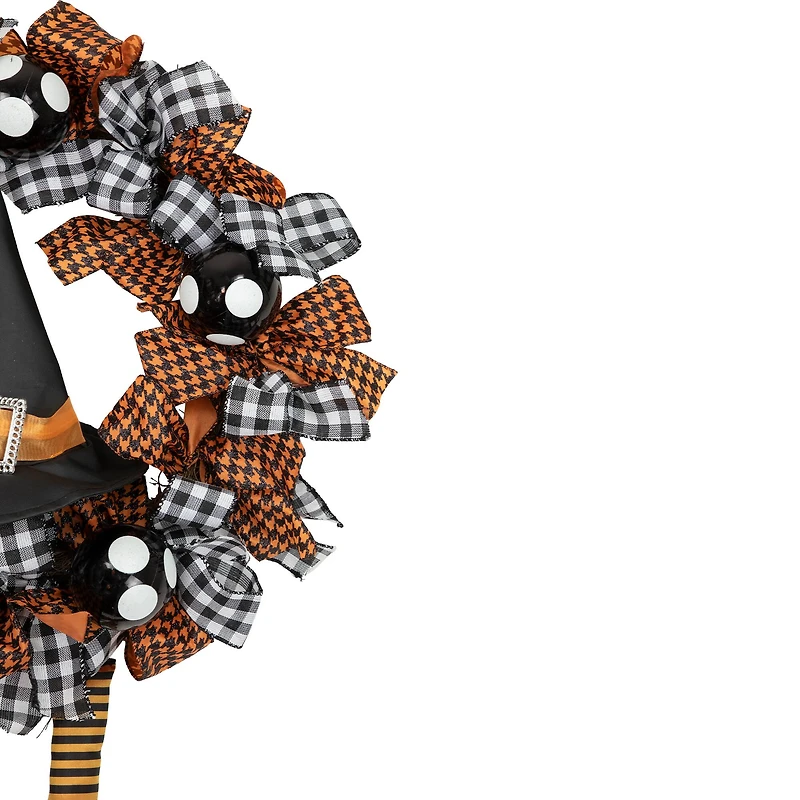 24'' Unlit Orange and Black Witch with Bows Halloween Wreath