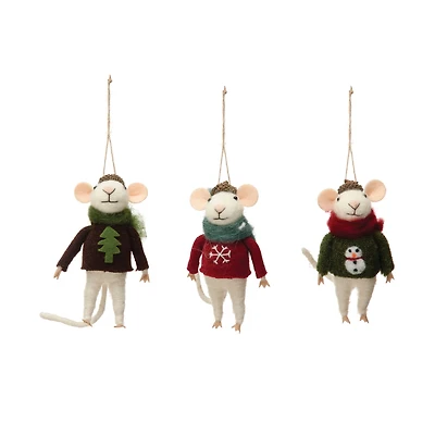 Hello Honey® 3 Pack 4.75" Mouse in Hat & Sweater Wool Felt Ornaments