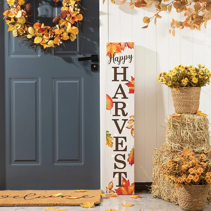 Glitzhome® 42" Fall Lighted Maple Leaves Wooden Porch Sign with Timer