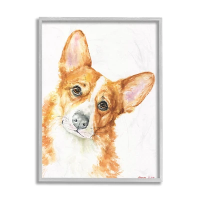 Stupell Industries Curious Corgi Dog Portrait Soft Brown Watercolor in Gray Frame Wall Art