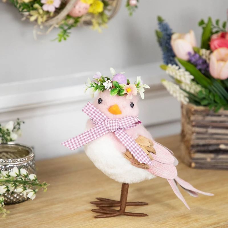 7.75" Pink Plush Bird Easter Accent with Gingham Bow