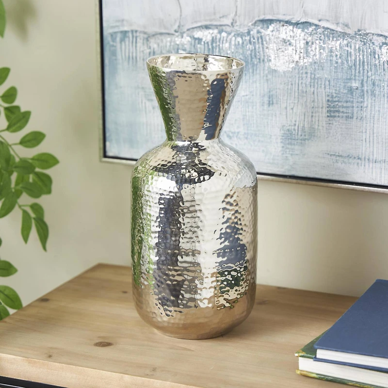 13" Silver Aluminum Metal Hammered Vase with Cone Shaped Opening