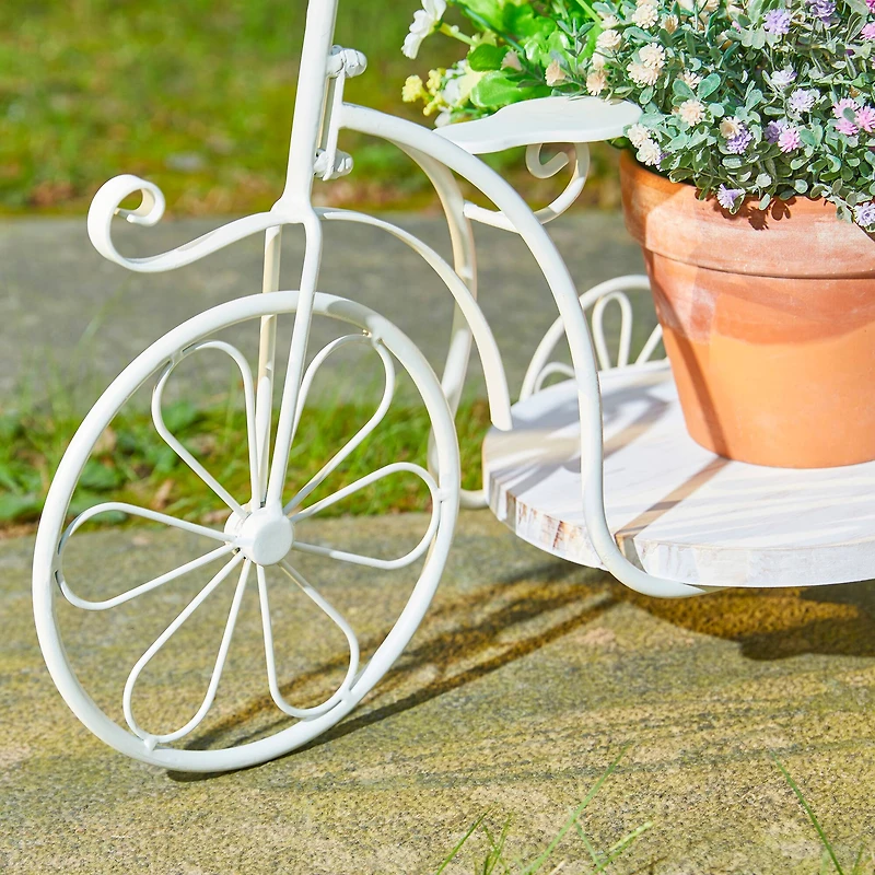 Glitzhome® 18" White Metal Tricycle Planter Stand with Solid Wood Tray