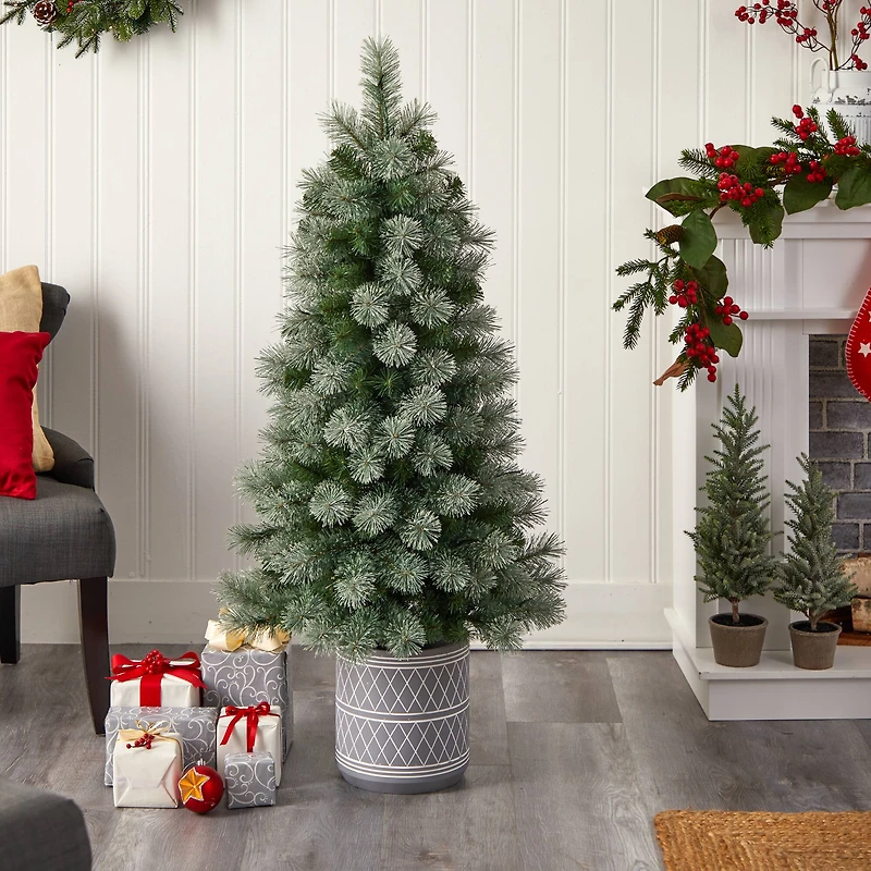 4.5ft. Pre-Lit Nova Scotia Pine Artificial Christmas Tree in Engraved Geometric Stone Planter, Warm White LED Lights