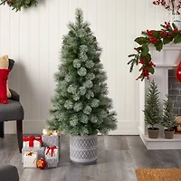 4.5ft. Pre-Lit Nova Scotia Pine Artificial Christmas Tree in Engraved Geometric Stone Planter, Warm White LED Lights