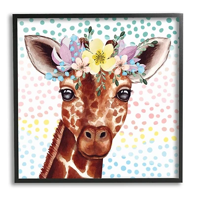 Stupell Industries Chic Giraffe Spring Floral Crown Rainbow Polka Dot Ombre Framed Wall Art