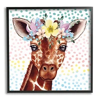 Stupell Industries Chic Giraffe Spring Floral Crown Rainbow Polka Dot Ombre Framed Wall Art