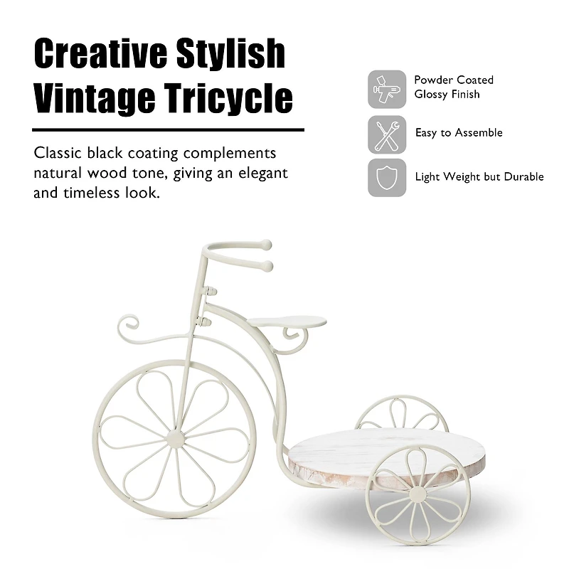 Glitzhome® 18" White Metal Tricycle Planter Stand with Solid Wood Tray