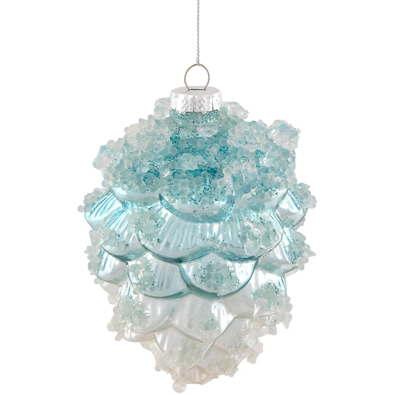 Icy Pine Cone Glass Christmas Ornament - 4.75" - Blue and White