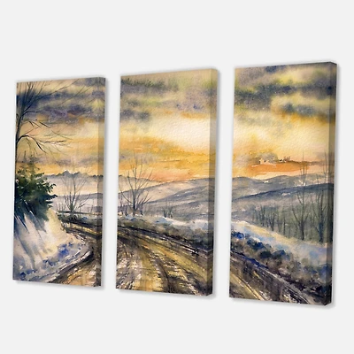 Designart - Winter Landscape With Road Under Bright Sunset